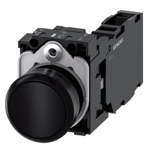 Кнопка Siemens 3SU1100-0AB10-1FA0: круглая плоская кнопка 22 мм, черного цвета, с контактами NO и NC.