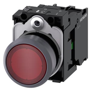 Кнопка Siemens 3SU1132-0AB20-1BA0 с подсветкой, 1NO контакт, 24V AC/DC, красная кнопка с металлическим кольцом